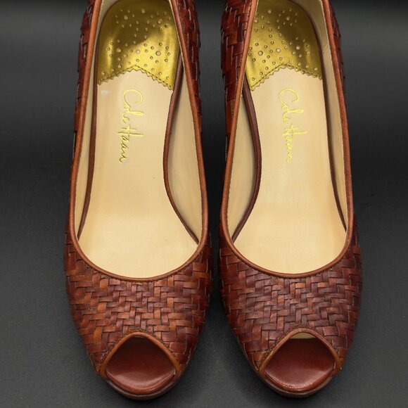 Cole Haan Genevieve Woven Leather Peep-Toe Pumps, Cognac Brown, Nike Air, US 5B - Picture 4 of 11